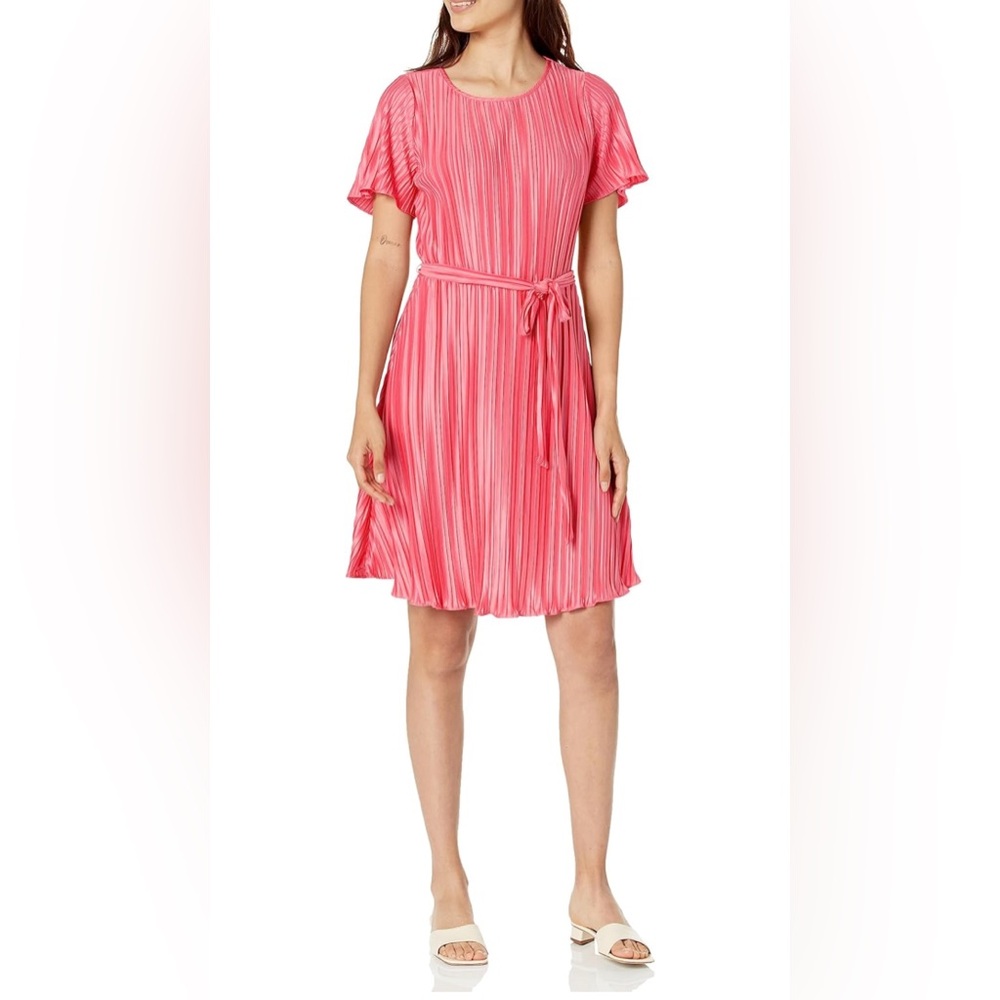 Dkny Pink Pleated Midi Dress with Tie Waist